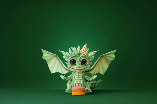 Cute cartoon baby dragon wearing cylinder hat eating Birthday cake. 3d render