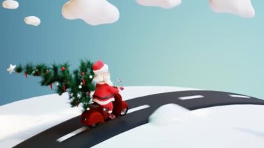 Noel Baba ve Noel ağacının kış yolunda scooter sürüşünün kusursuz bir animasyonu. 3d canlandırma