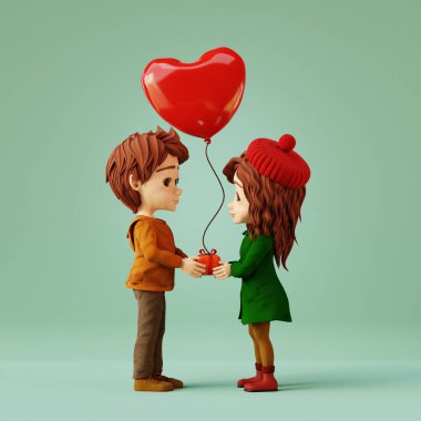 Çizgi film çocuğu ve kalp şeklinde balon tutan kız. Sevgililer Günü konsepti. 3d hazırlayıcı