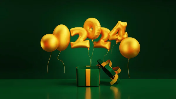 Kerst Nieuwjaarskaart 2024 Met Open Geschenkdoos Met Nummers Ballen Geschenkdozen Rechtenvrije Stockafbeeldingen
