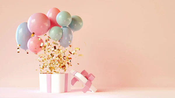 Open gifts box present with balloons and confetti. 3d render