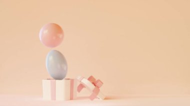 Renkli balonlar ve hediye kutusundan uçan konfetiler. Yıldönümü kutlaması. 3 Boyutlu Canlandırma