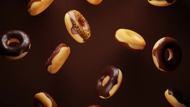 Naadloze Looping Animatie Van Vliegende Veelkleurige Donuts Met Hagelslag Bruine — Stockvideo