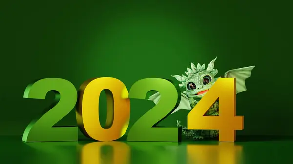 Year of the Dragon celebrating. Cartoon dragon staying near 2024 year numbers. Happy New Year celebration concept. 3D render