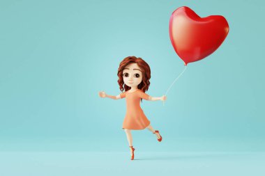 Kalp şeklinde balon tutan ve dans eden tatlı çizgi film kızı. Sevgililer Günü ya da Anneler Günü konsepti. 3 Boyutlu Hazırlama