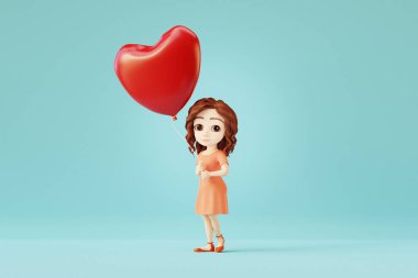 Kalp şeklinde balon tutan sevimli çizgi film kızı. Sevgililer Günü ya da Anneler Günü konsepti. 3 Boyutlu Hazırlama