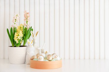 Beyaz arka planda sümbül ve yumurta dolu Paskalya tavşanları heykelcikleri. Paskalya kutlaması. Uzayı kopyala Ön görünüm