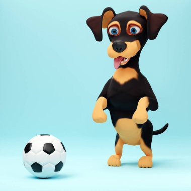 Şirin dachshund köpeği mavi arka planda futbol topuyla oynuyor. Üç boyutlu çizgi film karakteri. 3d hazırlayıcı