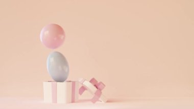 Renkli balonlar ve hediye kutusundan uçan konfetiler. Yıldönümü kutlaması. 3 Boyutlu Canlandırma