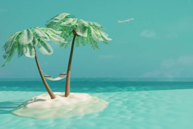 Hindistan cevizi palmiyeleri ve kumdaki hamağı olan tropikal yaz adası. Yaz yolculuğu konsepti. 3d hazırlayıcı