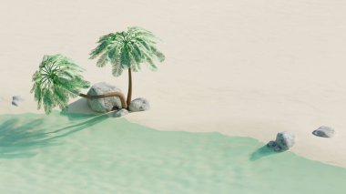 Hindistan cevizi palmiyeleri ve taşları olan boş bir tropik plaj. Yaz yolculuğu konsepti. 3 boyutlu görüntüleme. Ön görünüm