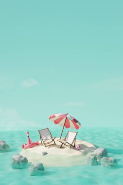 Plaj sandalyeleri, şemsiyeleri ve okyanusta güneş aksesuarları olan tropikal yaz adası. Yaz yolculuğu konsepti. 3d hazırlayıcı