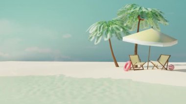 Hindistan cevizi palmiyeli, plaj sandalyeli, şemsiyeli ve pembe yüzme yüzme yüzüklü boş tropikal plajın kusursuz bir animasyonu. Yaz yolculuğu konsepti. 3d canlandırma