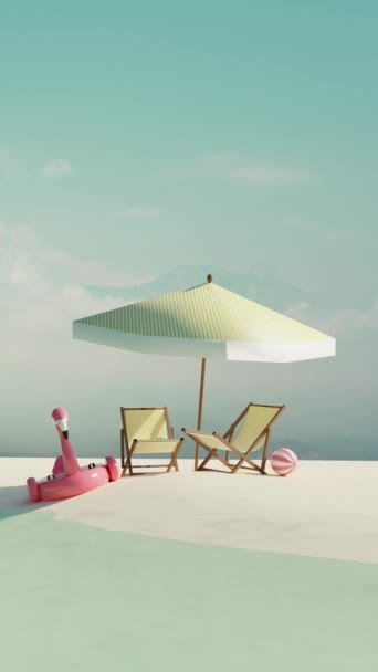 ビーチチェア ピンクゴムフラミンゴ付きの空の夏の熱帯ビーチのシームレスループアニメーション 夏の旅行コンセプト 3Dアニメーション — ストック動画