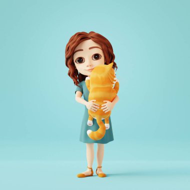 Gülümseyen kız sevimli kedi yavrusunu kucağında tutuyor. 3d çizgi film karakteri