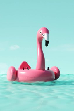 Okyanustaki büyük pembe flamingo. Yaz yolculuğu konsepti. 3d hazırlayıcı
