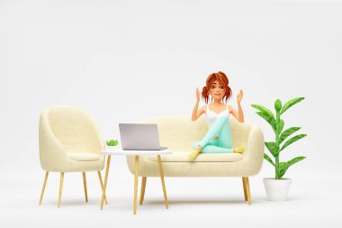 Çizgi filmdeki gülümseyen kız kanepede oturuyor ve dizüstü bilgisayarla sohbet ediyor. Mesafe çalışması, eğitim ve iletişim konsepti. 3d hazırlayıcı