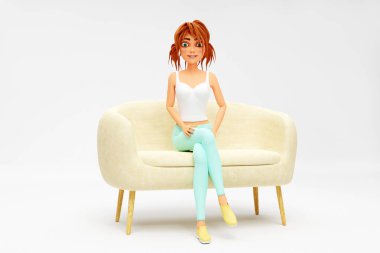 Çizgi filmdeki gülümseyen kız blogcu ya da video blogcu kanepeye oturmuş kameraya bakıyor ve video çekimlerinde konuşuyor. Mesafe çalışması, eğitim ve iletişim konsepti. 3d hazırlayıcı