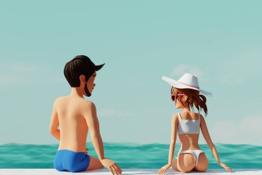 Genç çift yüzme havuzunda güneşleniyor. Yaz yüzme havuzu partisi. 3 boyutlu görüntüleme. Ön görünüm