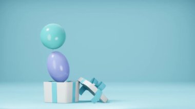 Renkli balonlar ve hediye kutusundan uçan konfetiler. Yıldönümü kutlaması. 3 Boyutlu Canlandırma