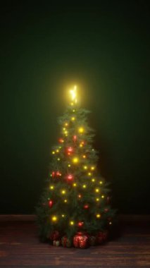 Koyu yeşil odadaki ışıklarla Noel ağacını döndürmenin kusursuz döngüsü. 3 Boyutlu Canlandırma