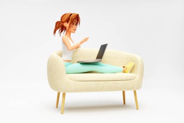 Kanepede oturmuş dizüstü bilgisayar kullanan gülümseyen kız. Mesafe çalışması, eğitim ve iletişim konsepti. 3d hazırlayıcı