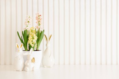 Beyaz arka planda sümbül dolu Paskalya tavşanları heykelcikleri. Paskalya kutlaması. Uzayı kopyala Ön görünüm