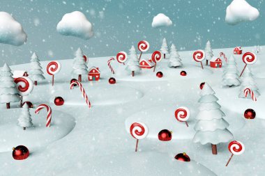 Zencefilli kurabiye evleri, köknar ağaçları, baston şekerler ve lolipopları olan sihirli bir Noel ormanı. 3d hazırlayıcı