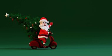 Noel Baba, Noel Ağacı ile Scooter sürüyor. 3d illüstrasyon