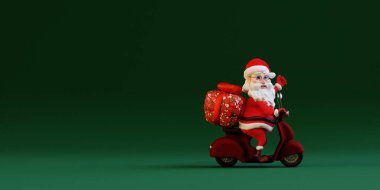 Noel Baba, Scooter 'a biniyor. 3d illüstrasyon
