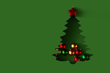 Kağıt Kesme Mutlu Noel Ağacı Resimleri ve yeşil arka planda renkli süsler. 3d hazırlayıcı