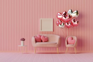 Pembe kalp şeklinde balonlar ışık sandalyesinin üzerinde asılı ve yastıklı kanepe pembe pastel arka planda. Sevgililer Günü konsepti. 3d hazırlayıcı
