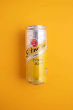 Lviv, Ukrayna - 6 Nisan 2025: Demir kutu Schweppes Hint Toniği. Üst görünüm