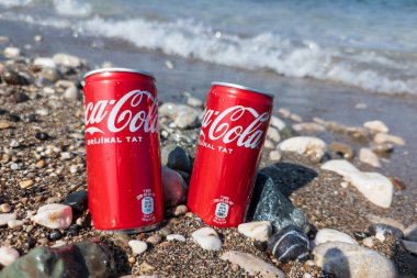 Kemer, Türkiye - Haziran 05, 2025: Okyanus suyu ile kayalık bir sahilde Coca-Cola kutuları. Ön görünüm