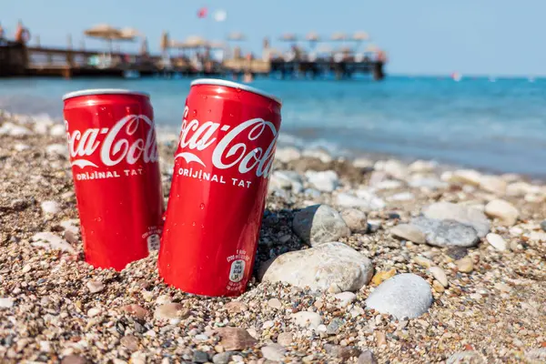 Kemer, Türkiye - Haziran 05, 2025: Okyanus suyu ile kayalık bir sahilde Coca-Cola kutuları. Ön görünüm