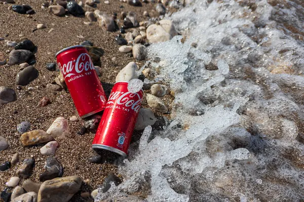 Kemer, Türkiye - Haziran 05, 2025: Okyanus suyu ile kayalık bir sahilde Coca-Cola kutuları. Üst görünüm