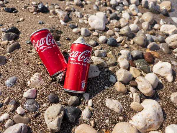 Kemer, Türkiye - Haziran 05, 2025: Okyanus suyu ile kayalık bir sahilde Coca-Cola kutuları. Üst görünüm