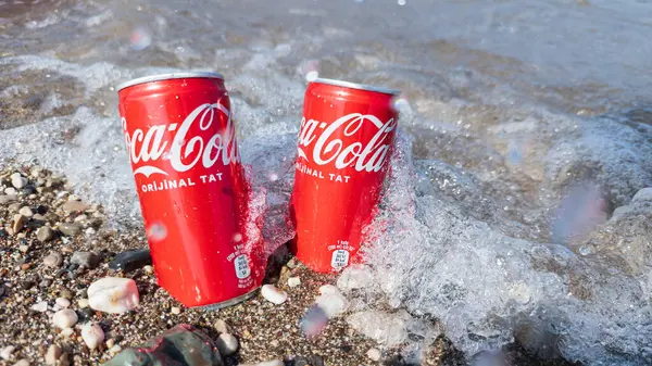 Kemer, Türkiye - Haziran 05, 2025: Okyanus suyu ile kayalık bir sahilde Coca-Cola kutuları. Ön görünüm