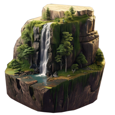 Şelaleli ve ağaçlı doğal manzaranın gösterimi