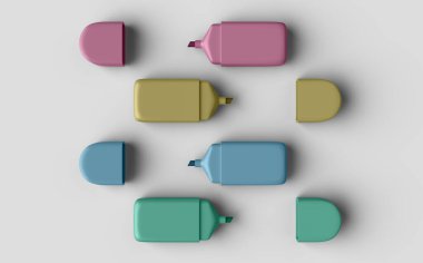 Beyaz arkaplanda çeşitli renkli mini işaretler, üst görünüm