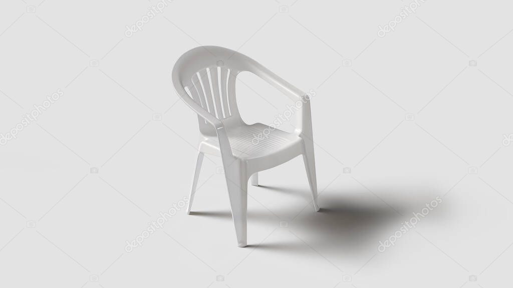 Basic white plastic chair in white setting, left view