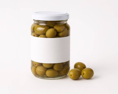 Beyaz ambalajlı ve zeytinli zeytin kavanozu.