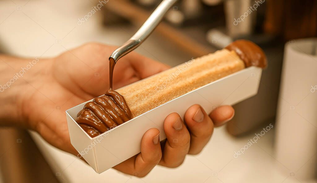 White packaging of churros being filled with chocolate