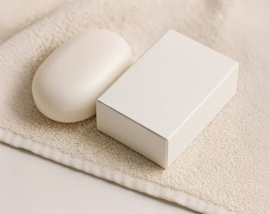 Sabun kutusu ve altında kumaş olan beyaz sabun.