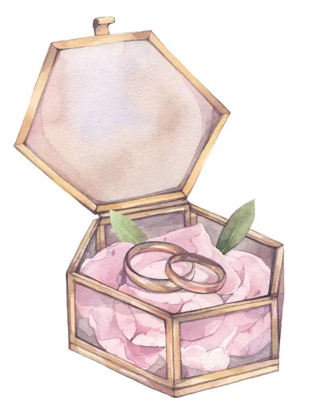 Çiçekle süslenmiş süslü bir kutuda evlilik yüzükleri. Elle boyanmış suluboya resimleme.