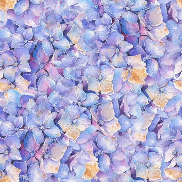 Elle boyanmış suluboya resim. Zarif mavi ortanca çiçeklerinden oluşan kusursuz bir çiçek deseni..