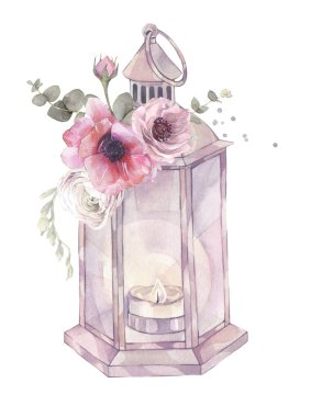 Elle boyanmış suluboya resim. Çiçeklerle dekore edilmiş, beyaz arka planda izole edilmiş bir köy feneri..