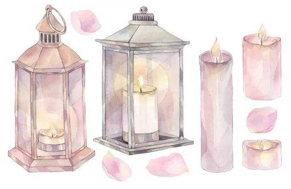 Elle boyanmış suluboya ilüstrasyon. Beyaz arka planda, yapraklarla çevrili fenerler ve mumlar..