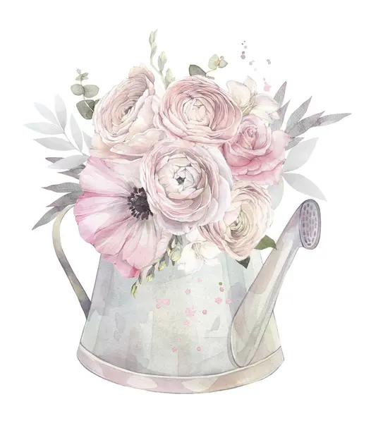 Narin çiçeklerle süslenmiş bir sulama kutusu. Elle boyanmış suluboya resimleme.