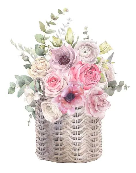 Hassas çiçeklerle süslenmiş hasır bir sepet. Elle boyanmış suluboya resimleme.